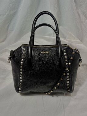 Valentino Black Rockstud Pebbled Leather Satchel with Studded Strap Minimi